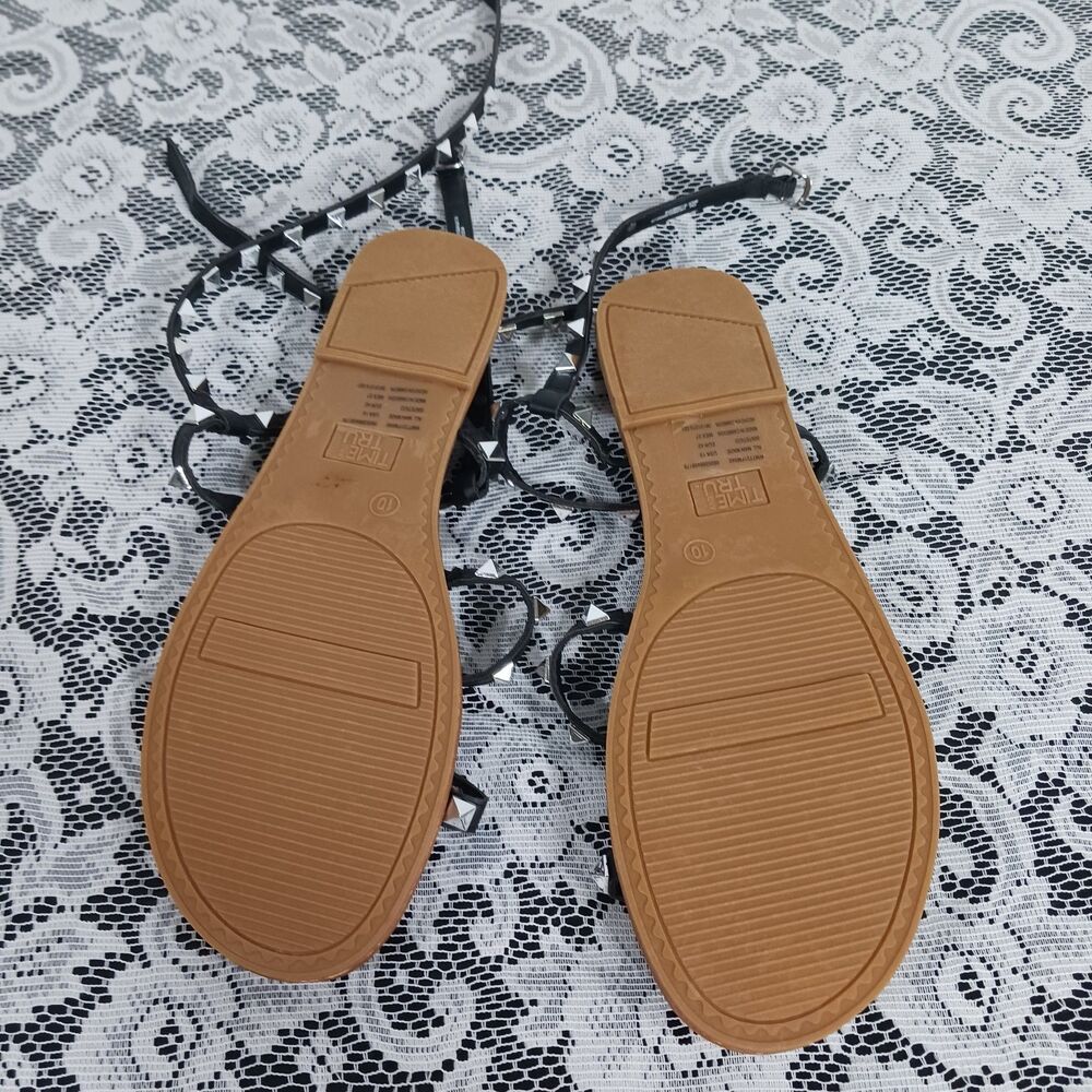 Time and Tru Black and Tan Studded Strap Flat Sandals - Picture 2 of 3